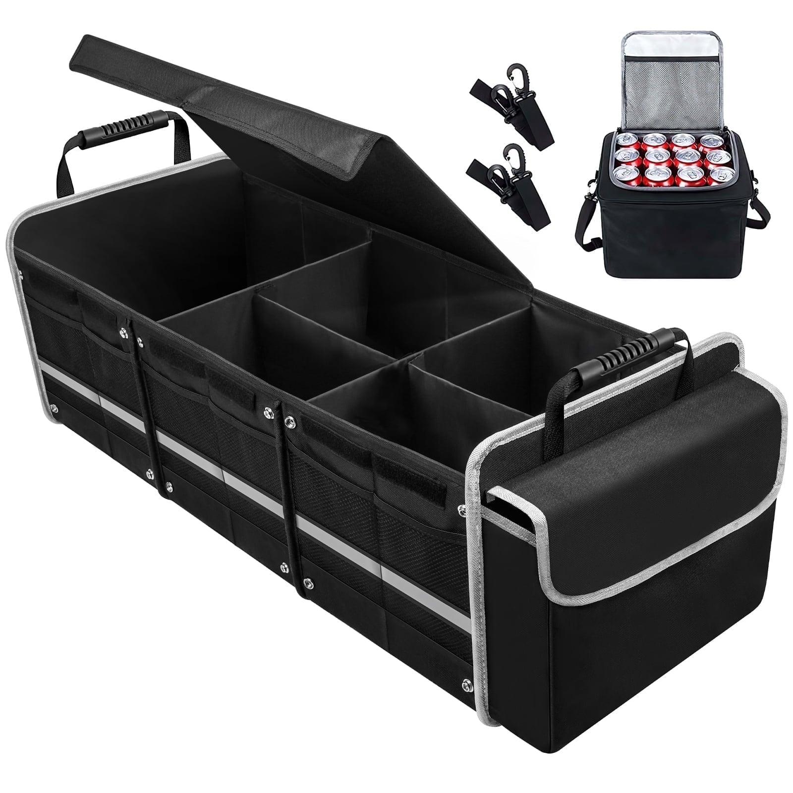 Collapsible Multi-Compartment Trunk Organizer with Insulated Leakproof Bag and Adjustable Straps for SUVs, Trucks, and Vans