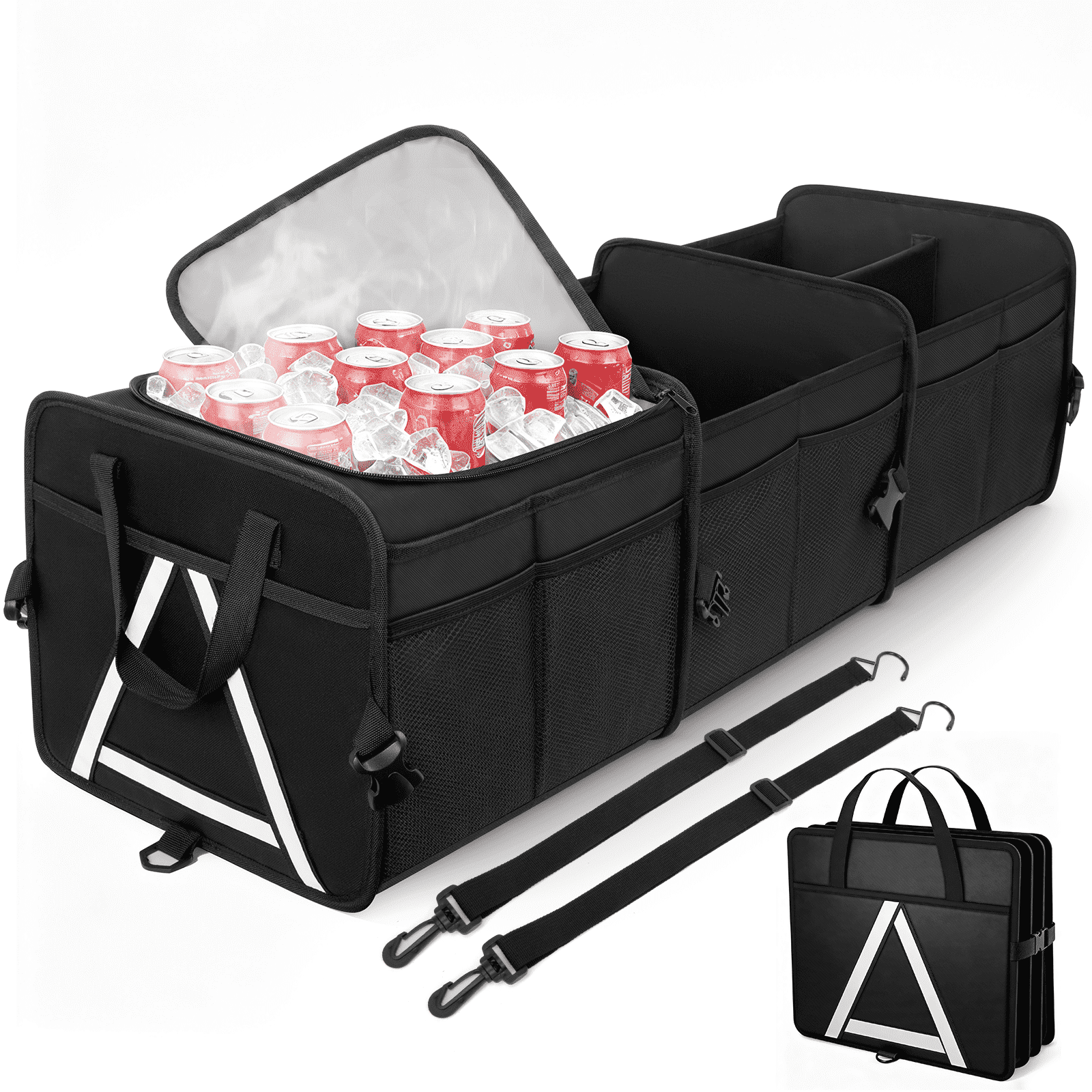 Collapsible Multi-Compartment Trunk Organizer with Insulated Leakproof Bag and Adjustable Straps for SUVs, Trucks, and Vans