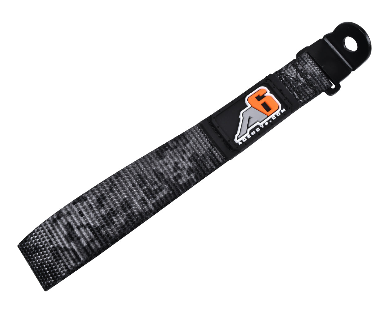 Black webbing strap with a logo on a white background