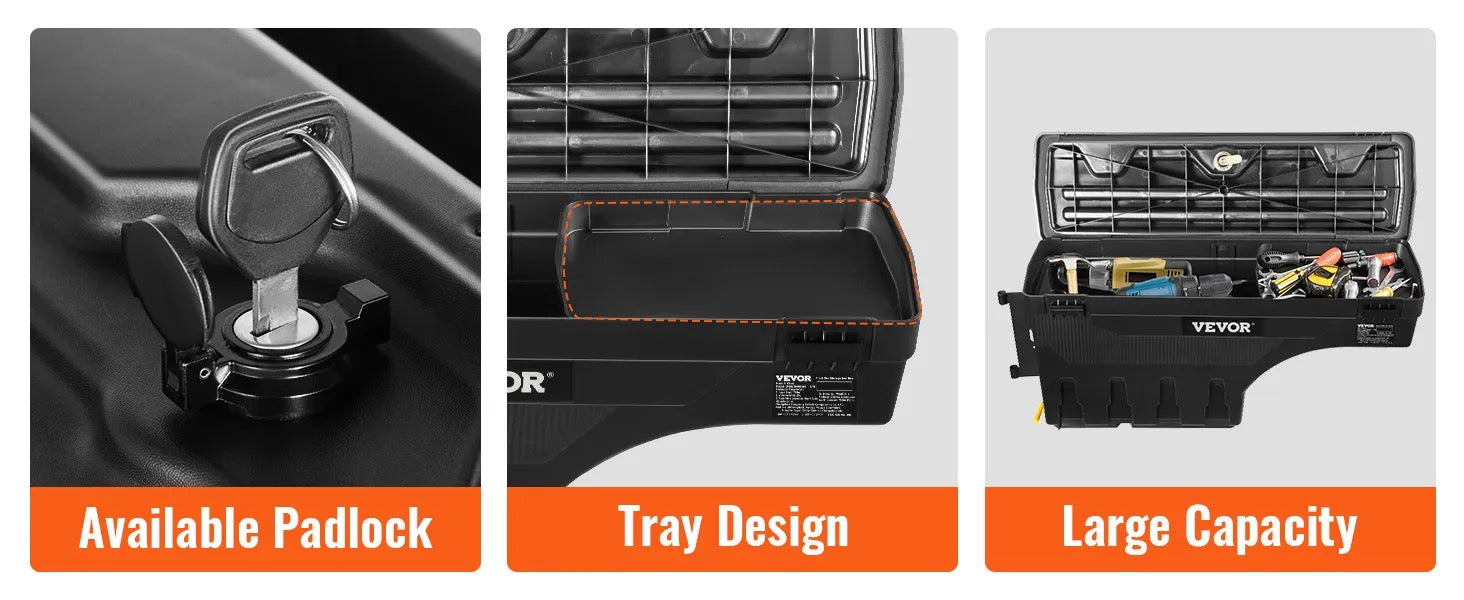 VEVOR Truck Bed Storage Box, Lockable Swing Case - Wheel Well Tool Box, Waterproof and Durable, Ford F-150 2015-2021