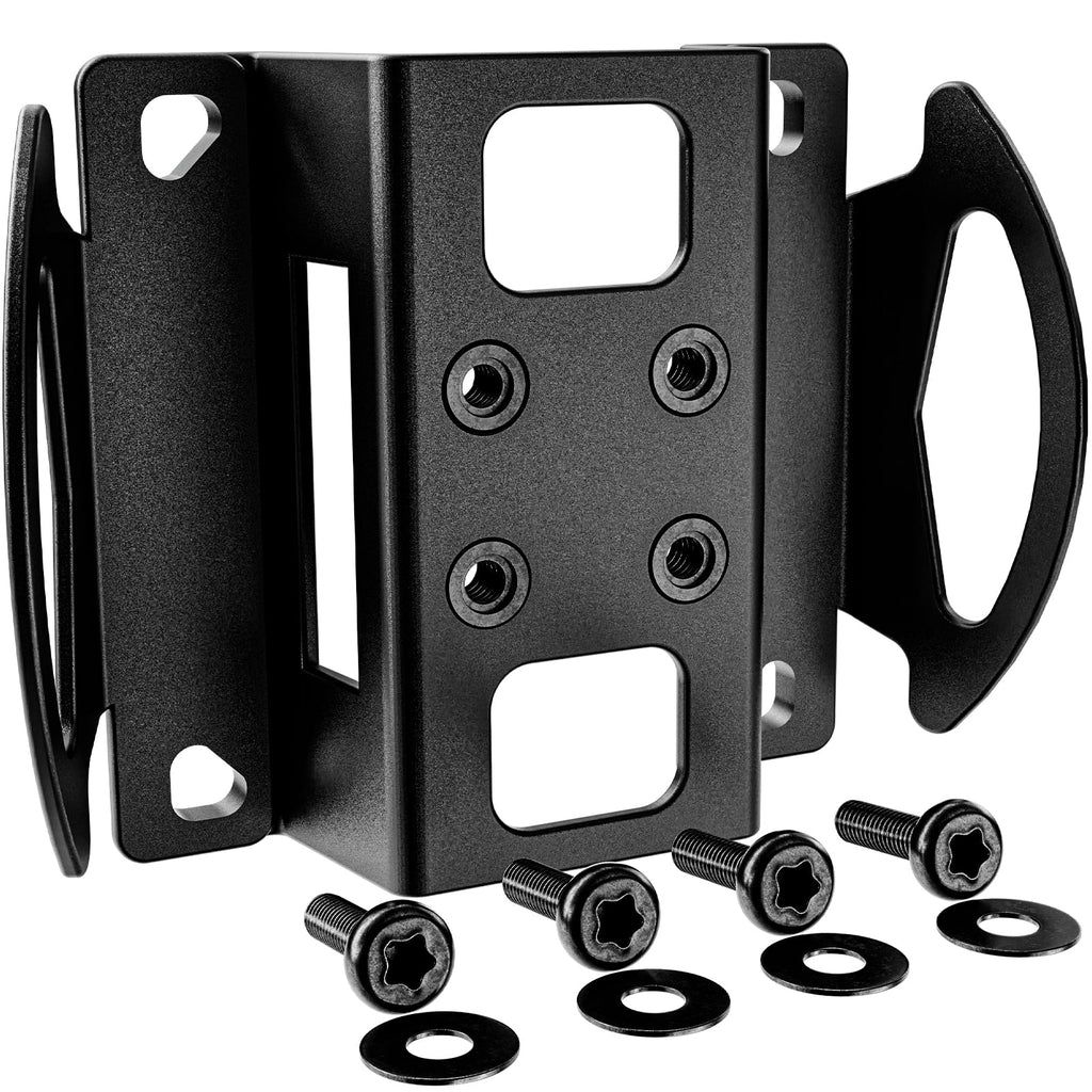 Black metal bracket with screws on a white background