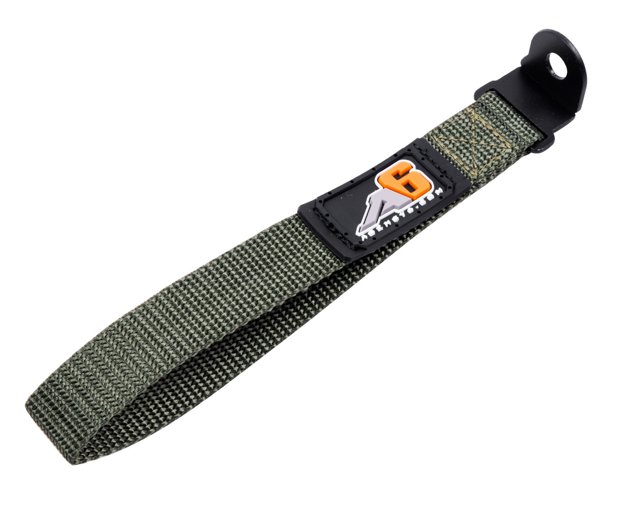Green webbing strap with a logo patch on a white background