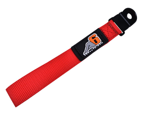 Red strap with a black buckle and logo on a white background