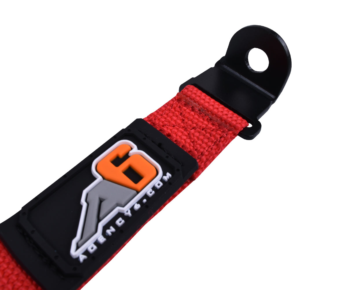 Red strap with a black buckle and logo on a white background