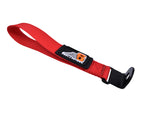 Red belt with a black buckle on a white background