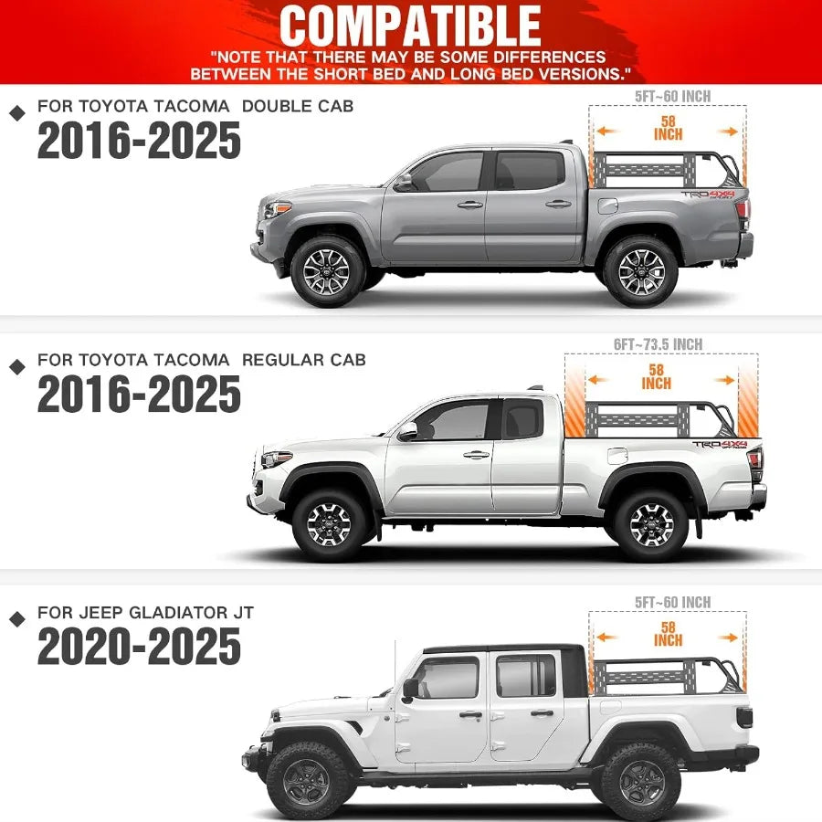 Truck Bed Racks with 2 LED Lights Compatible with 20162025 Tacoma 20202025 Gladiator JT with Bed Rail 13.8 Overland Fullsize Ba