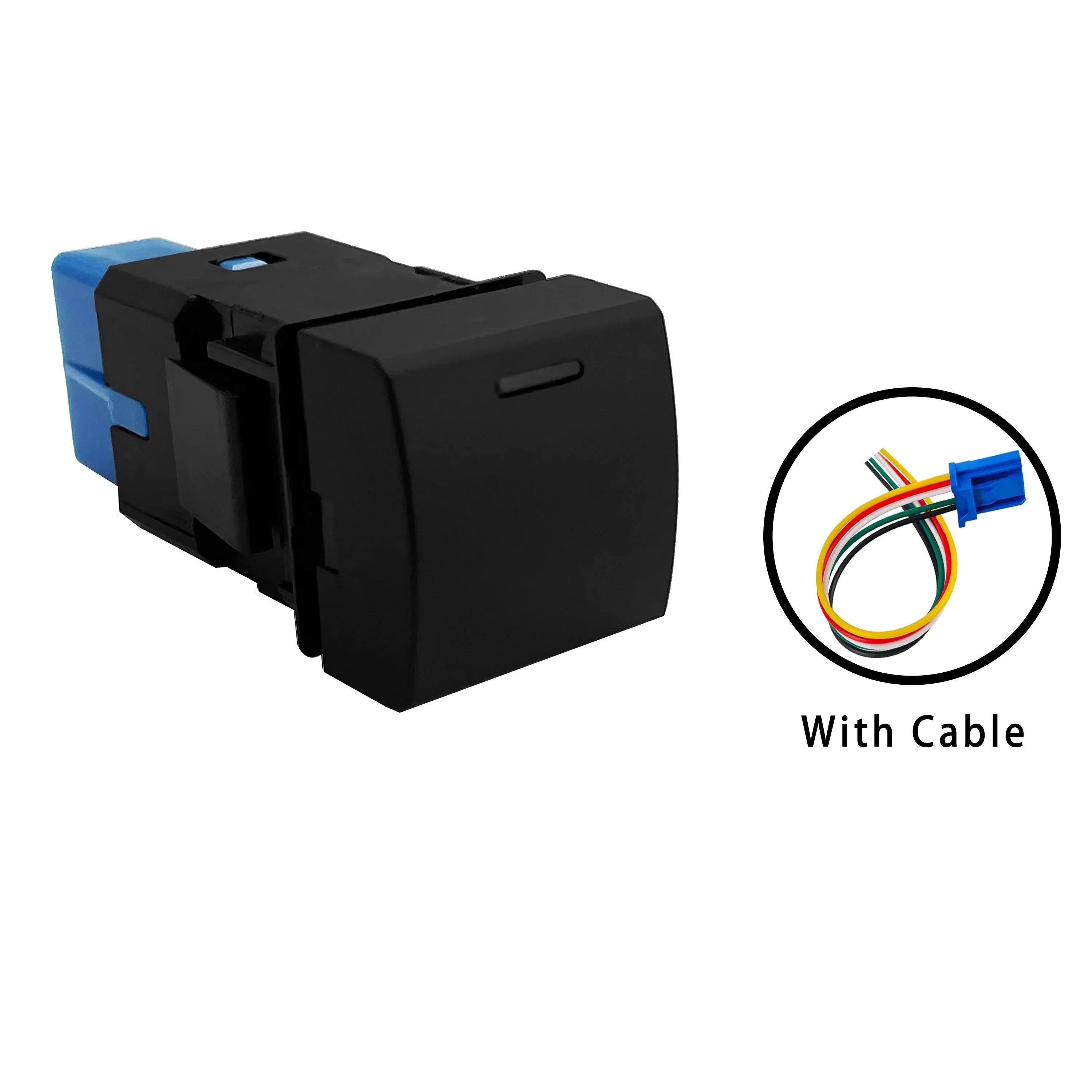 A black automotive-style electrical connector with blue plastic end pieces, shown on a white background with a circular inset labeled 'With Cable' showing included wiring cable.