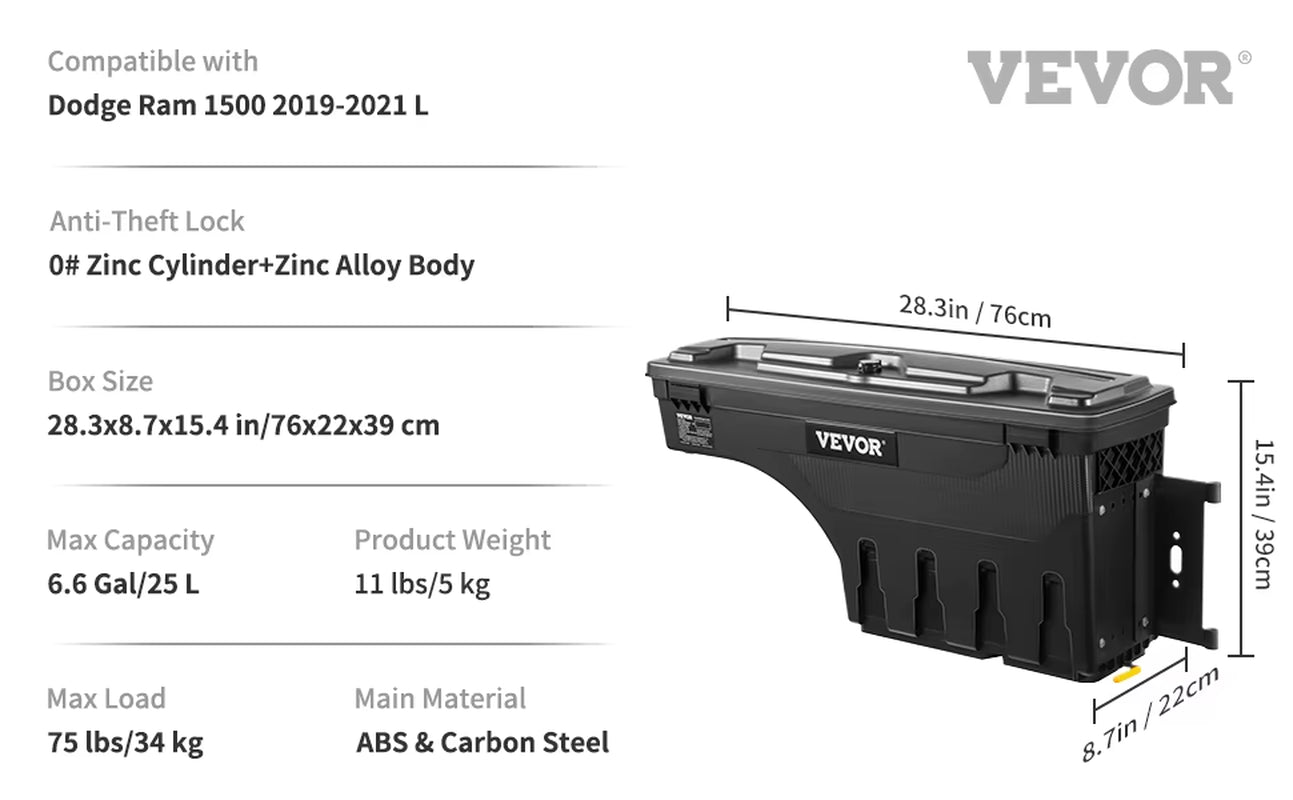 Dodge Ram- Storage Box Passenger Side, Lockable Lid Waterproof, Wheel Well with Password Padlock Toolbox for Trucks