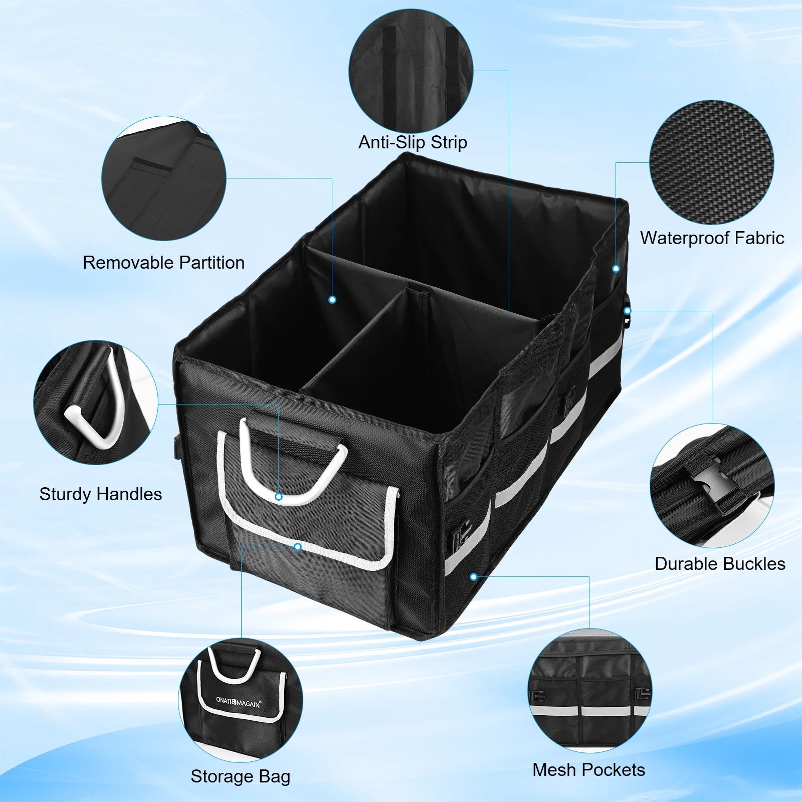 Collapsible SUV Trunk Organizer with Multi-Compartment Design, Waterproof Storage Solution, Foldable Lid, Aluminium Handle, and Non-Slip Base (Black)