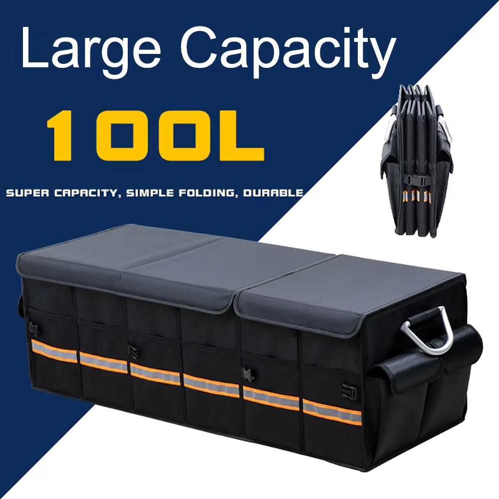 100L 66L Car Trunk Organizer Foldable Heavy Duty Durable Sturdy Collapsible Reflective Strip Storage Box for Sedan SUV Truck