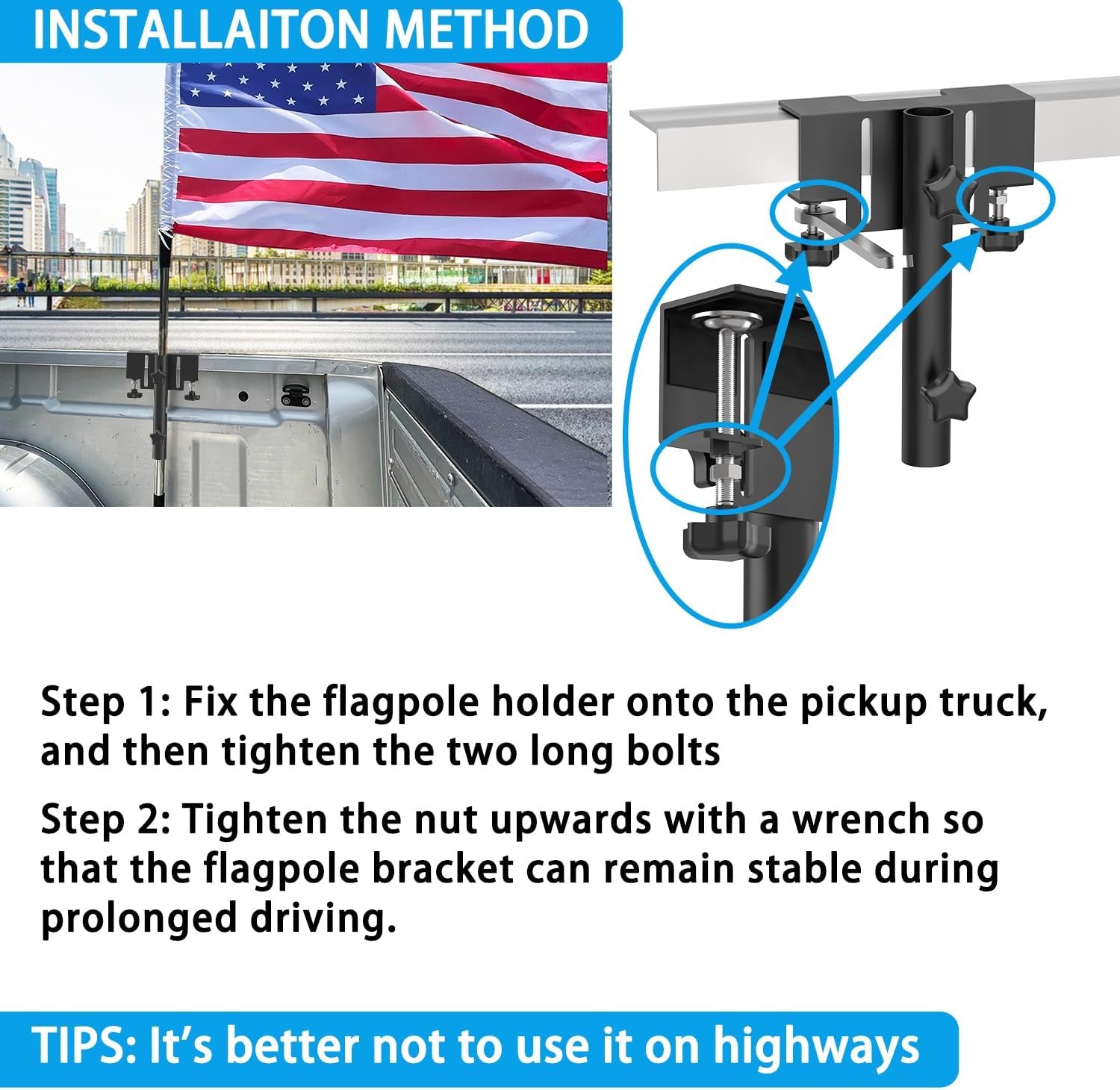 Universal Pickup Truck Flagpole Mount in Bed, No Drilling Flag Holder for Truck