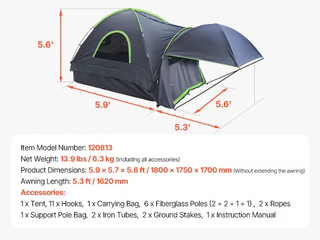 Waterproof Pickup Truck Tent for Camping - PU2000, Accommodates 2-3 Persons, Truck Bed Camper Shell with Expandable Awning
