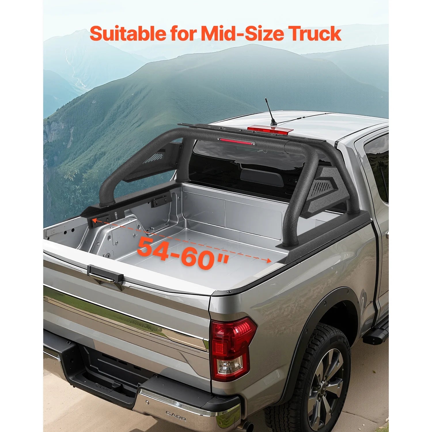 Roll Bar for Truck Bed, Adjustable Sport Bar for Universal Mid-Size Pickup, Constructed from Carbon Steel with LED Brake Light, Rack Not Included
