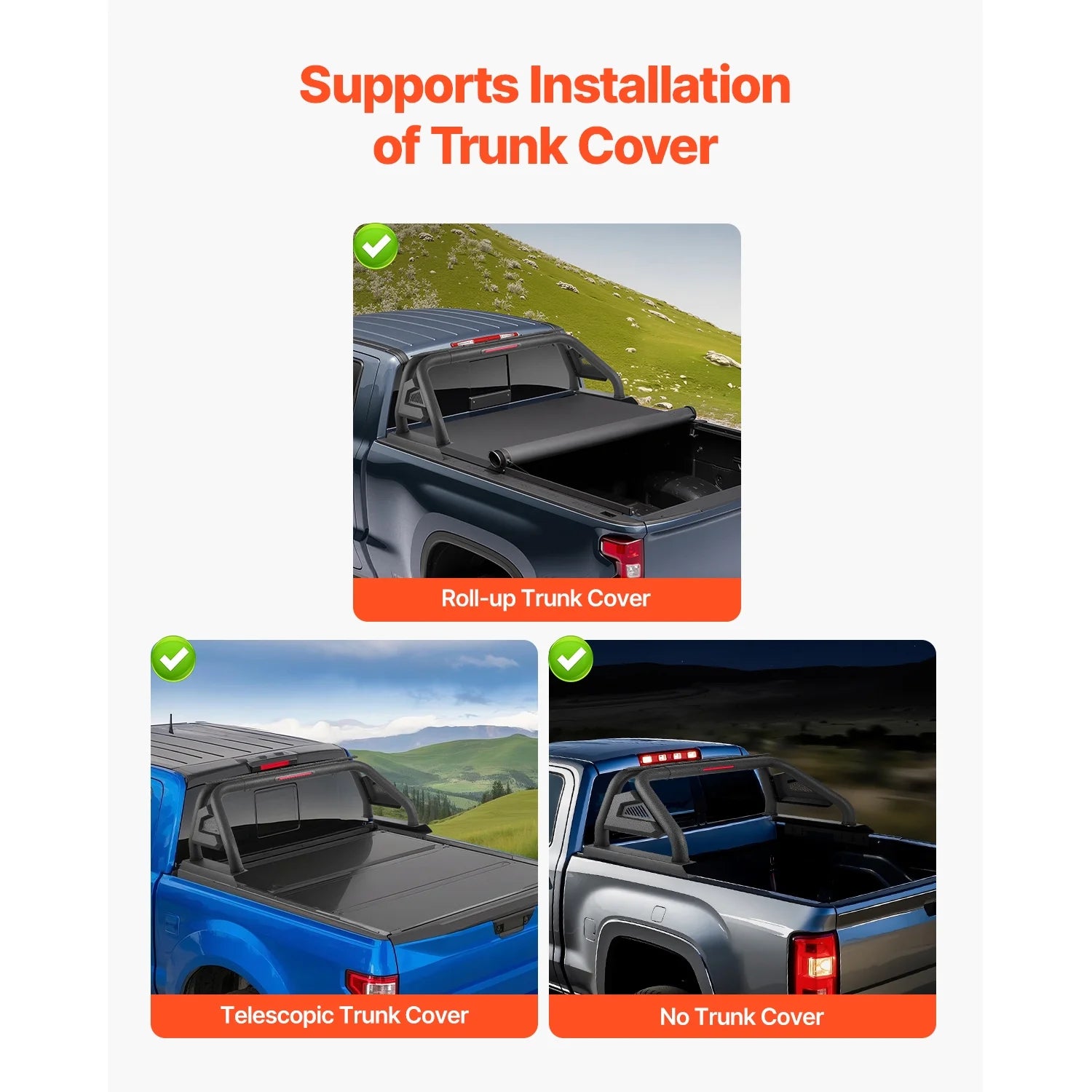 Roll Bar for Truck Bed, Adjustable Sport Bar for Universal Mid-Size Pickup, Constructed from Carbon Steel with LED Brake Light, Rack Not Included