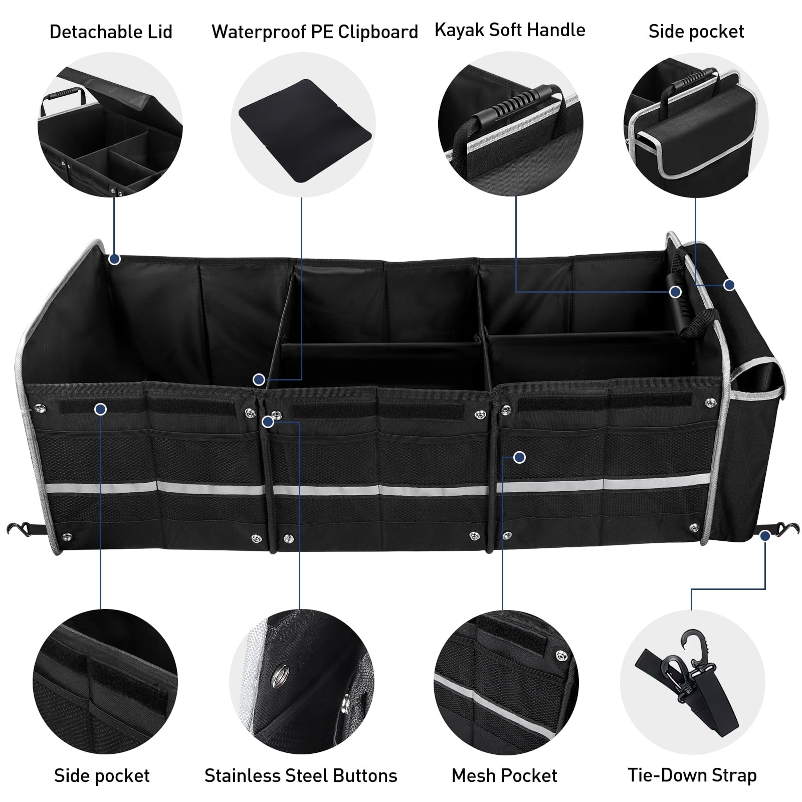 Collapsible Multi-Compartment Trunk Organizer with Insulated Leakproof Bag and Adjustable Straps for SUVs, Trucks, and Vans