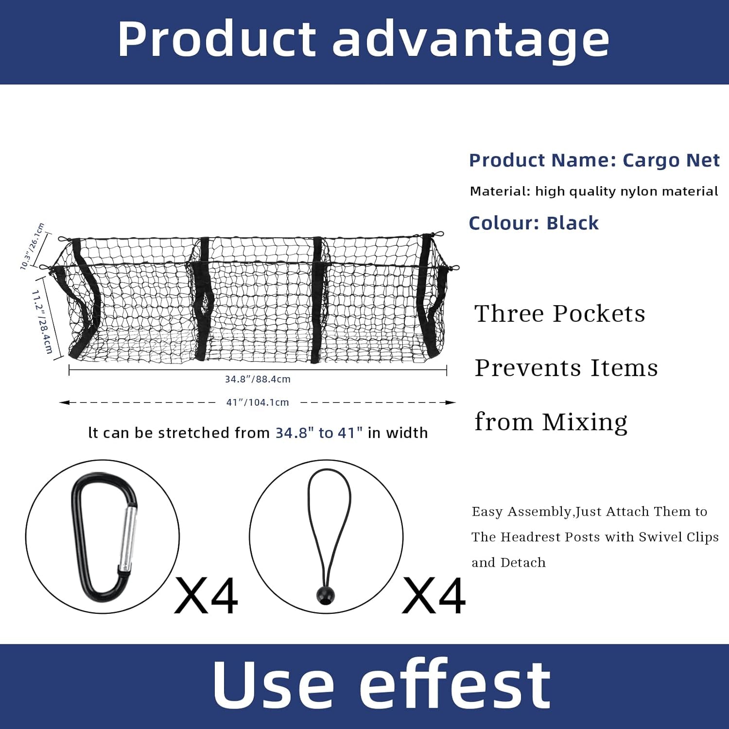 Heavy-Duty 3 Pocket Cargo Net with 4 Metal Carabiners and 4 Ball Bungee Cords for SUVs, Cars, and Pickup Trucks