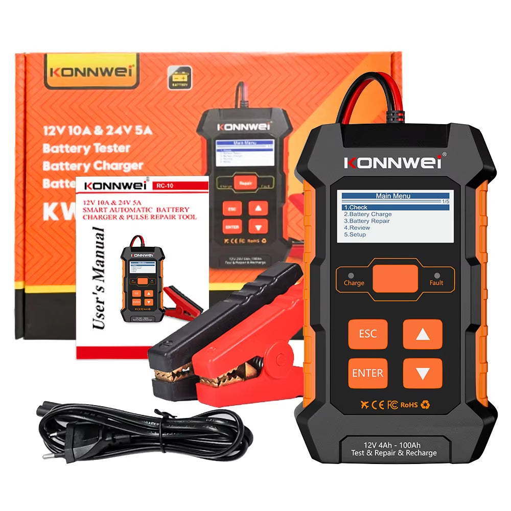 KW520 Automatic Car and Truck Battery Tester and Charger - 12V 10A & 24V 5A for Lead Acid, AGM, Gel, and Lithium Batteries with Pulse Repair Function