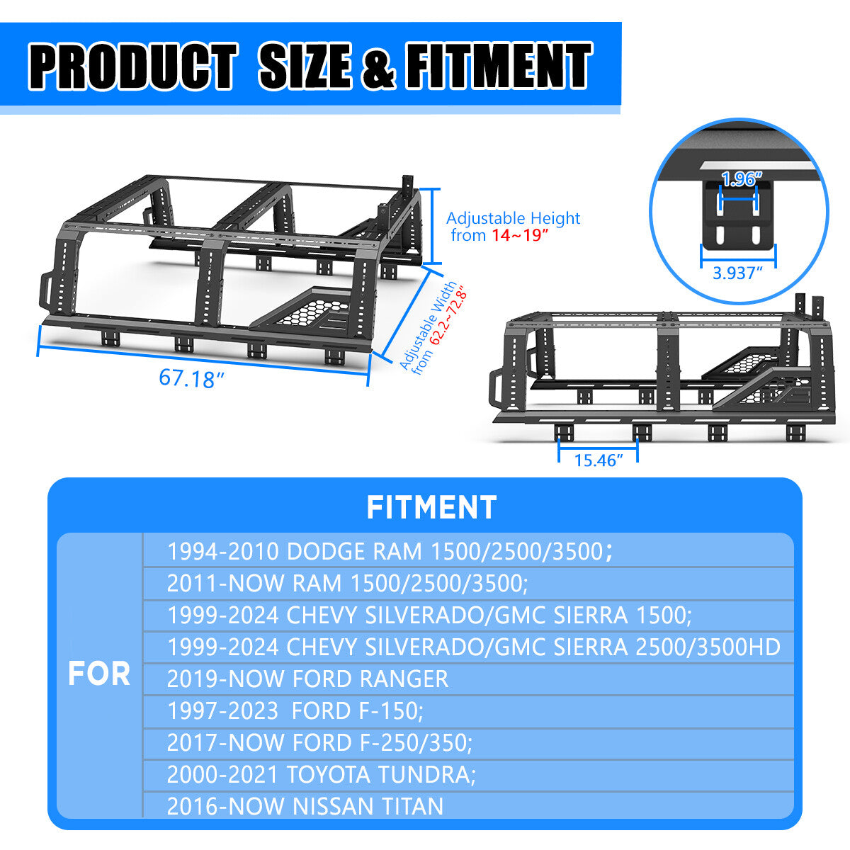 Modular Adjustable Overland Bed Rack Roll Bar for Chevy Ford Toyota Dodge Nissan