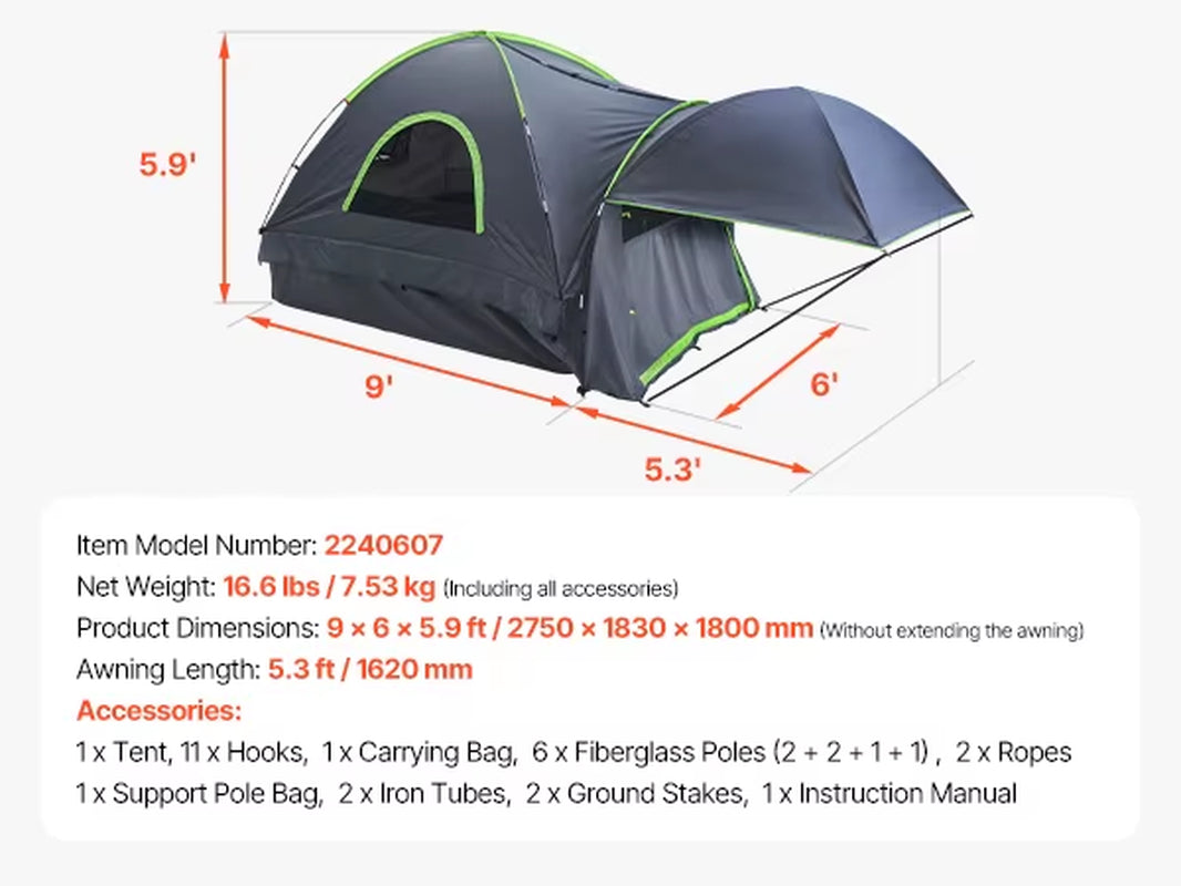 Waterproof Pickup Truck Tent for Camping - PU2000, Accommodates 2-3 Persons, Truck Bed Camper Shell with Expandable Awning