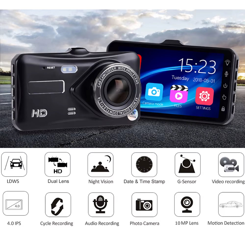 Dash Cam Dual Lens 1080P HD for Cars 4" Touch Screen Car DVR Video Recorder Front and Rear View Camera for Vehicle Black Box