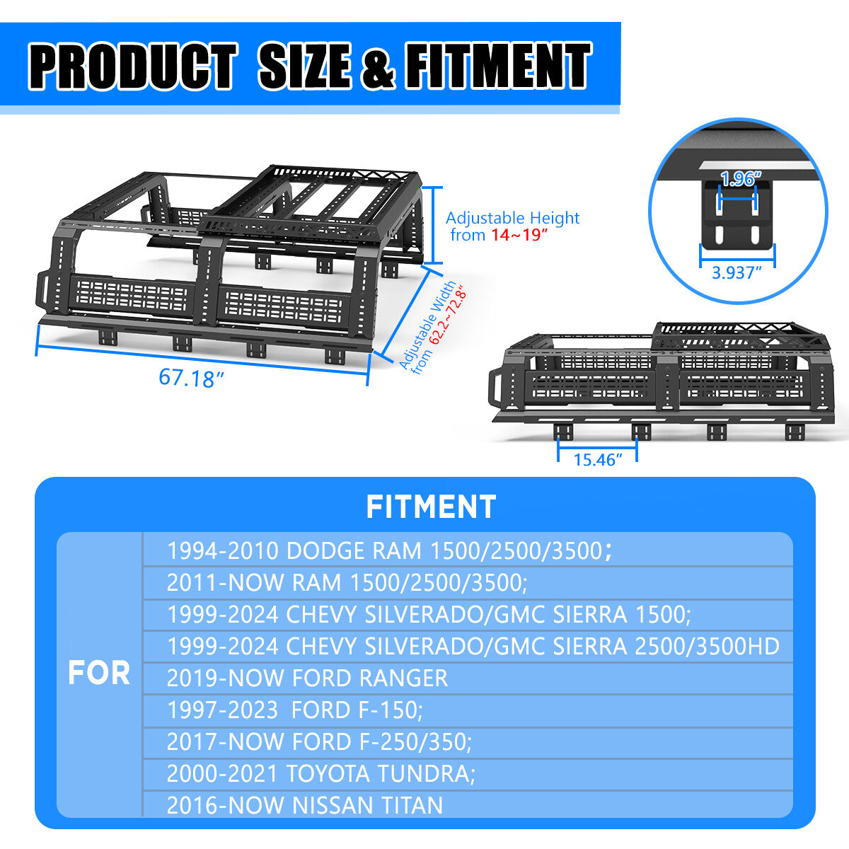 Modular Adjustable Overland Bed Rack Roll Bar for Chevy Ford Toyota Dodge Nissan