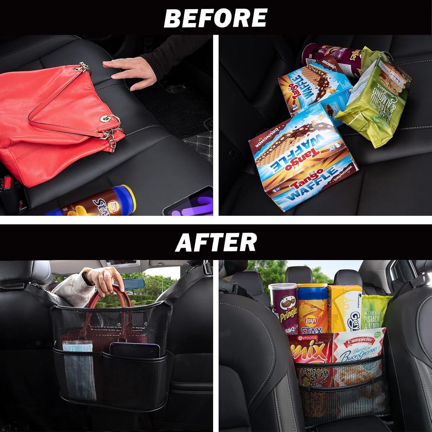 Car Seat Back Organizer - Large Capacity Storage for Purses, Handbags & Kids' Items - Black