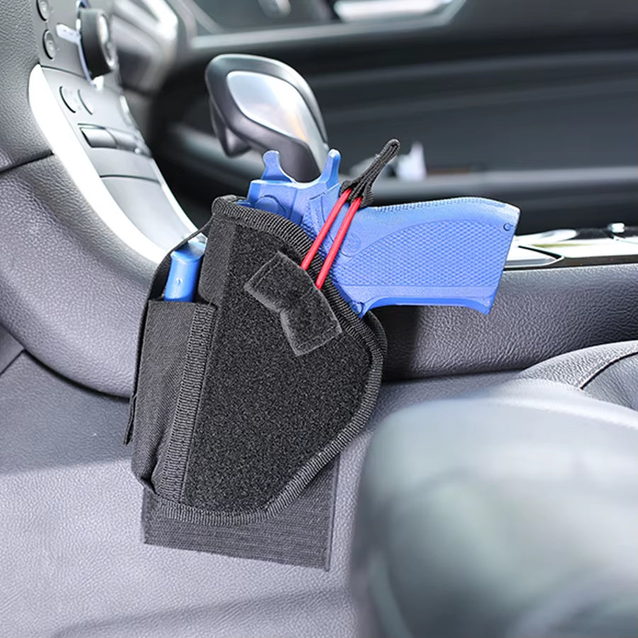 Vehicle Firearm Holster - Universal Conceal Carry with Mag Pouch - Black Nylon - Safe Hook and Loop Fastener