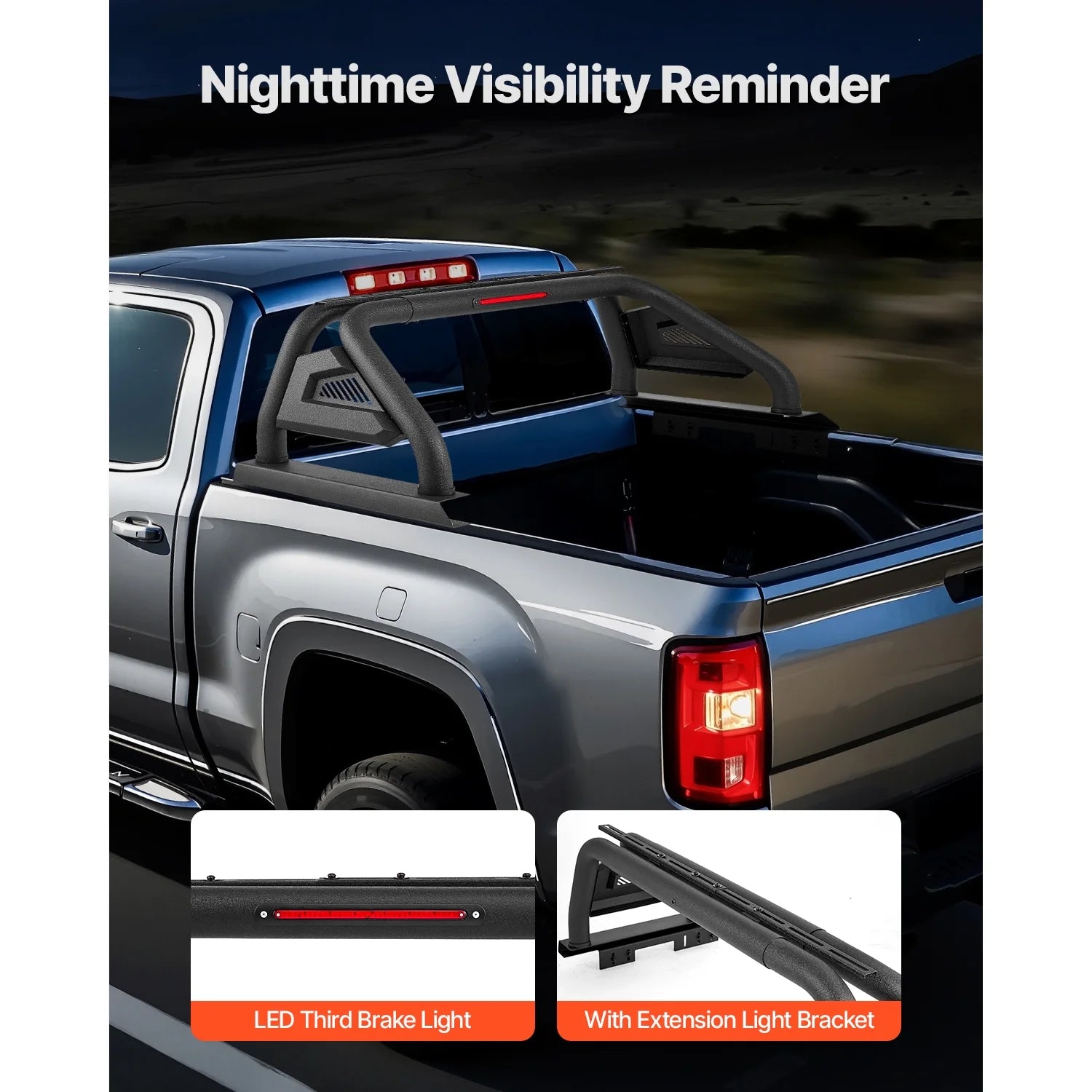 Roll Bar for Truck Bed, Adjustable Sport Bar for Universal Mid-Size Pickup, Constructed from Carbon Steel with LED Brake Light, Rack Not Included