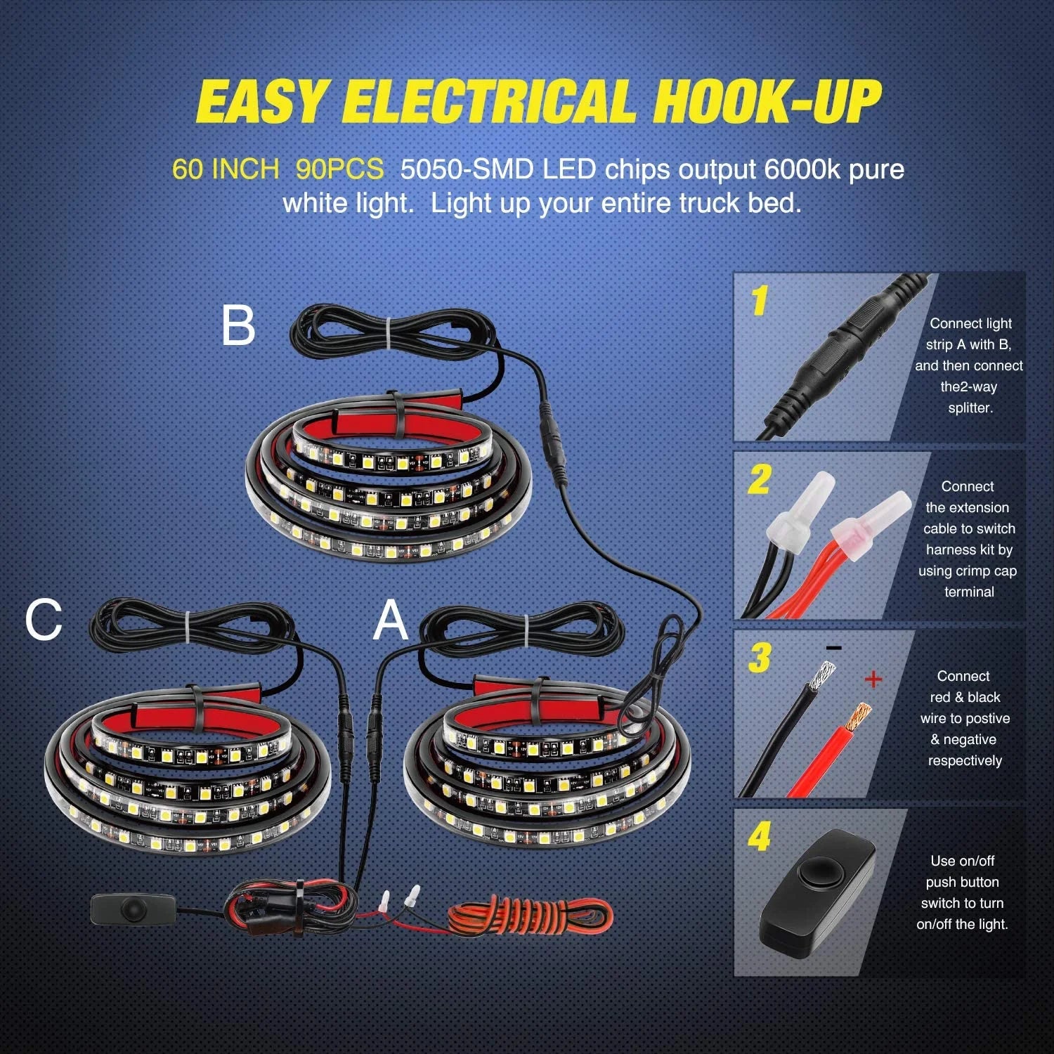 3PCS 60 Bed Light Strip 270 LED with On/Off Switch Blade Fuse Splitter Extension Cable for Cargo, Pickup Truck, SUV, RV, Boat,2 Years Warranty