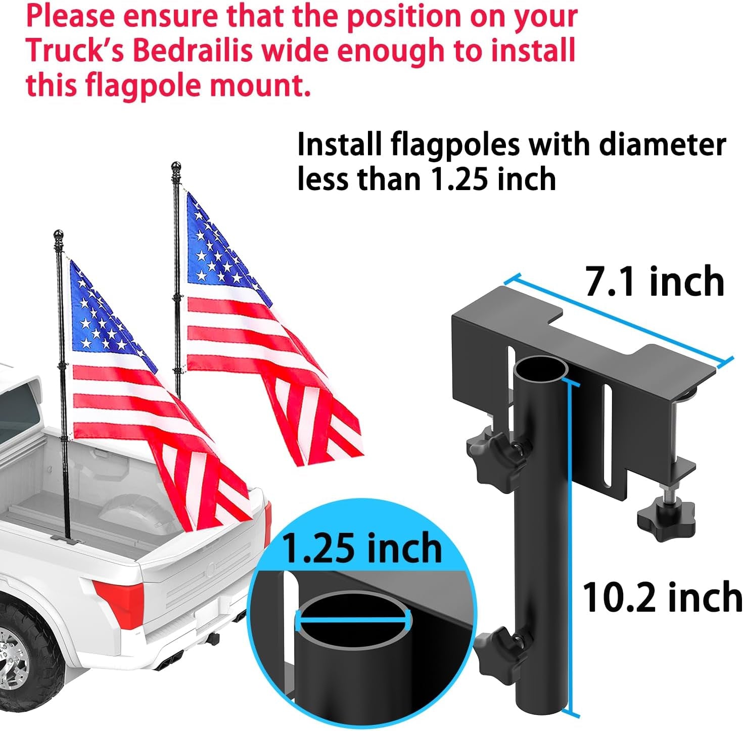 Universal Pickup Truck Flagpole Mount in Bed, No Drilling Flag Holder for Truck