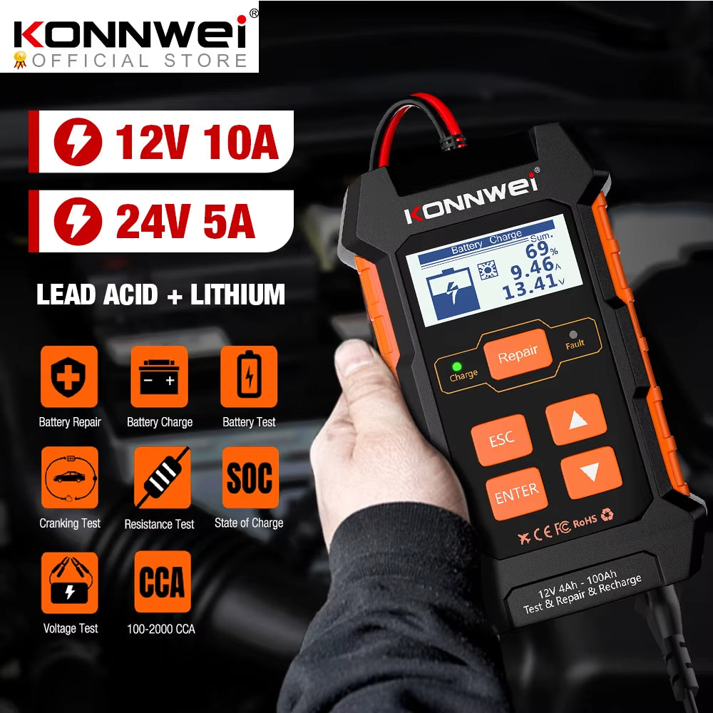 KW520 Automatic Car and Truck Battery Tester and Charger - 12V 10A & 24V 5A for Lead Acid, AGM, Gel, and Lithium Batteries with Pulse Repair Function