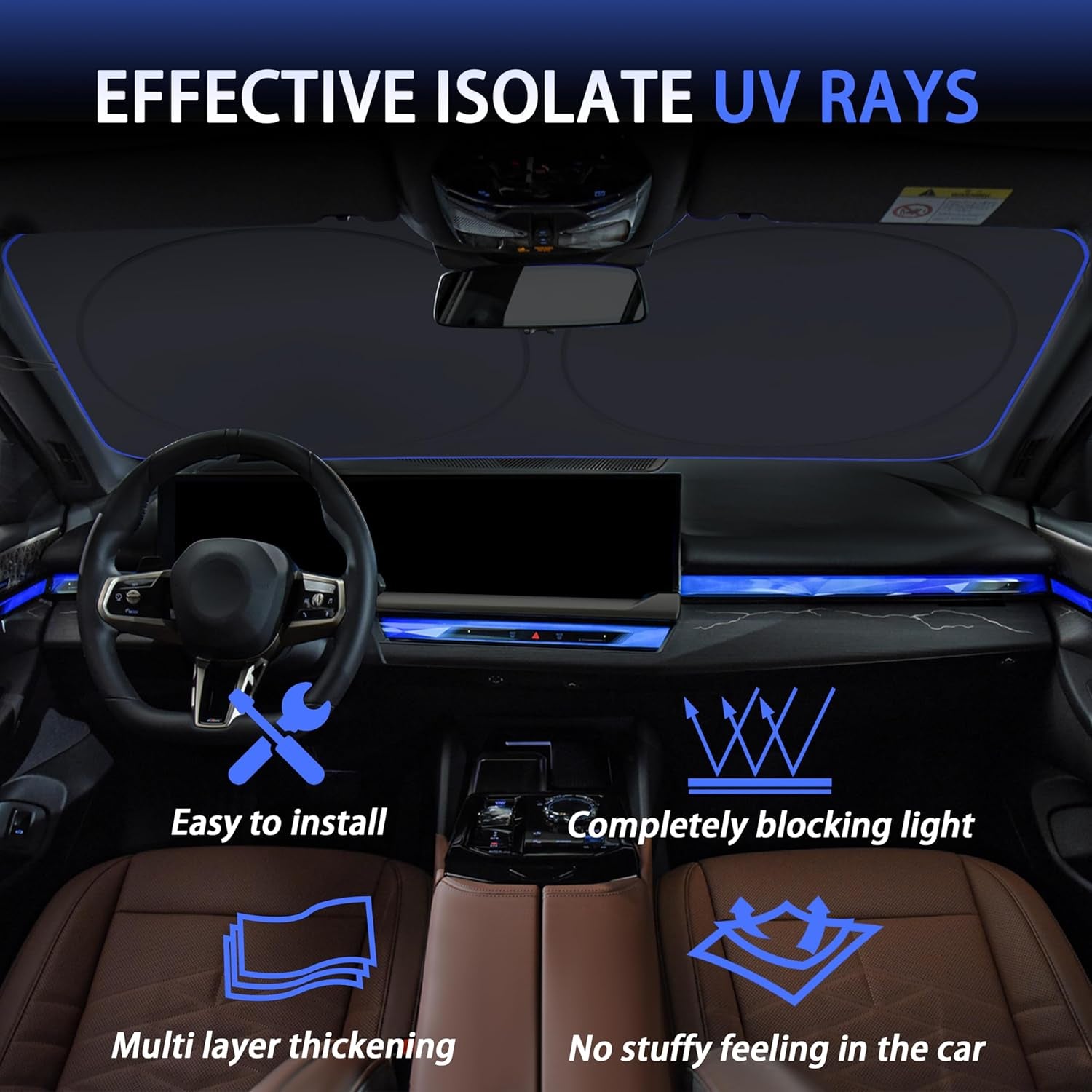 Car Windshield Sun Shade，Cool Reflective Sun Blocker (Black, Medium),(64X32 Inches)