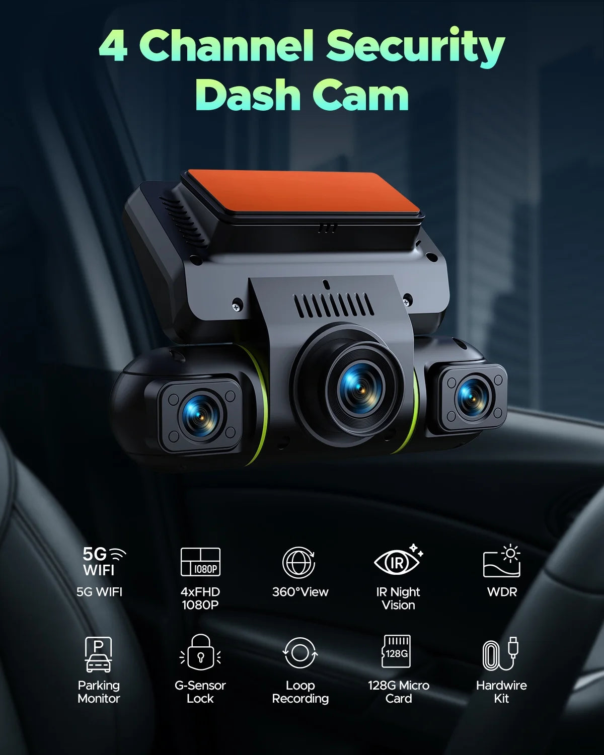 4 Channel Dash Cam Front and Rear - 24H Security Parking Monitor, 1080P FHD 360 Degree View
