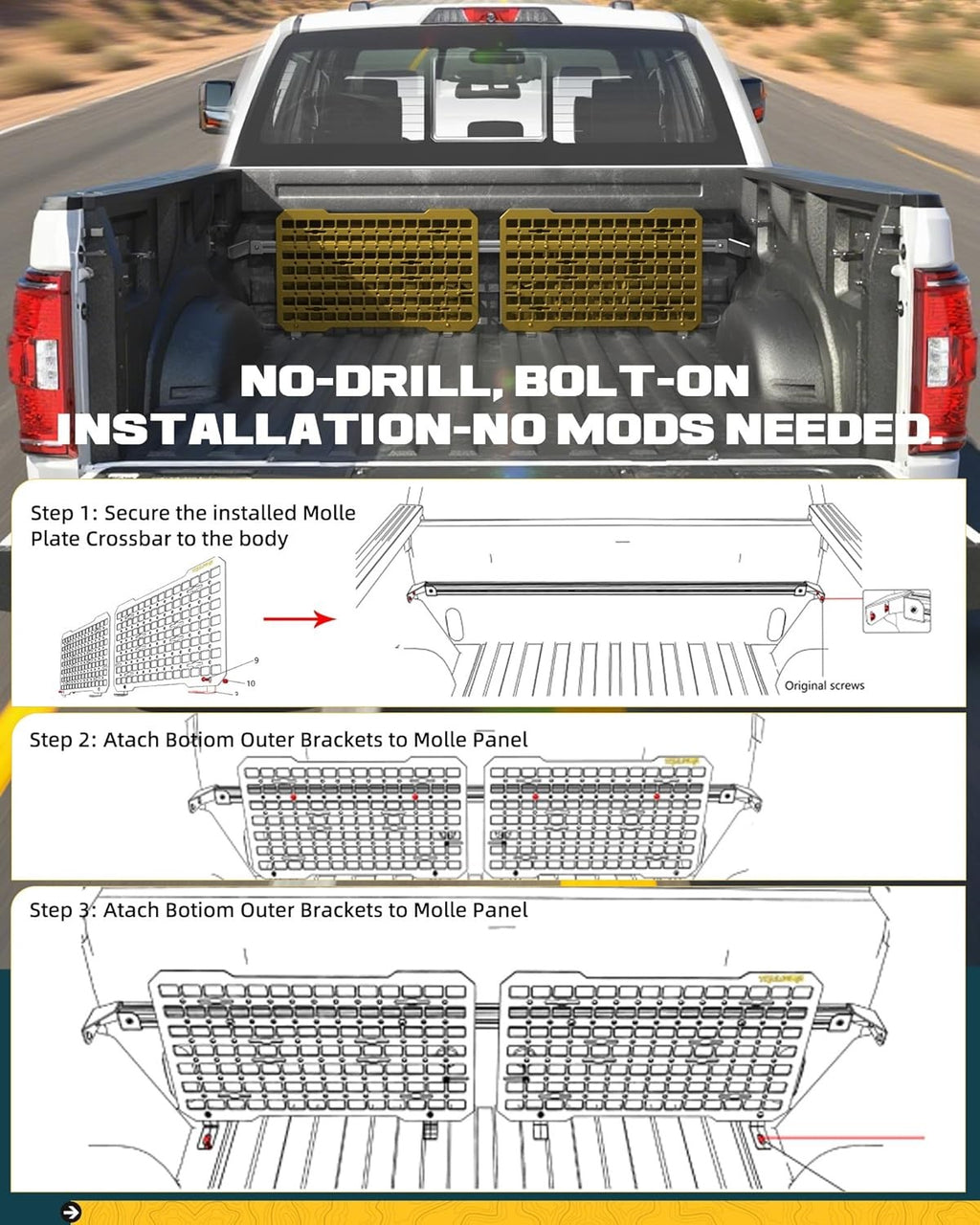 Front & Side Bed MOLLE Panel for Jeep Gladiator/ Ford Maverick/ Chevy Silverado