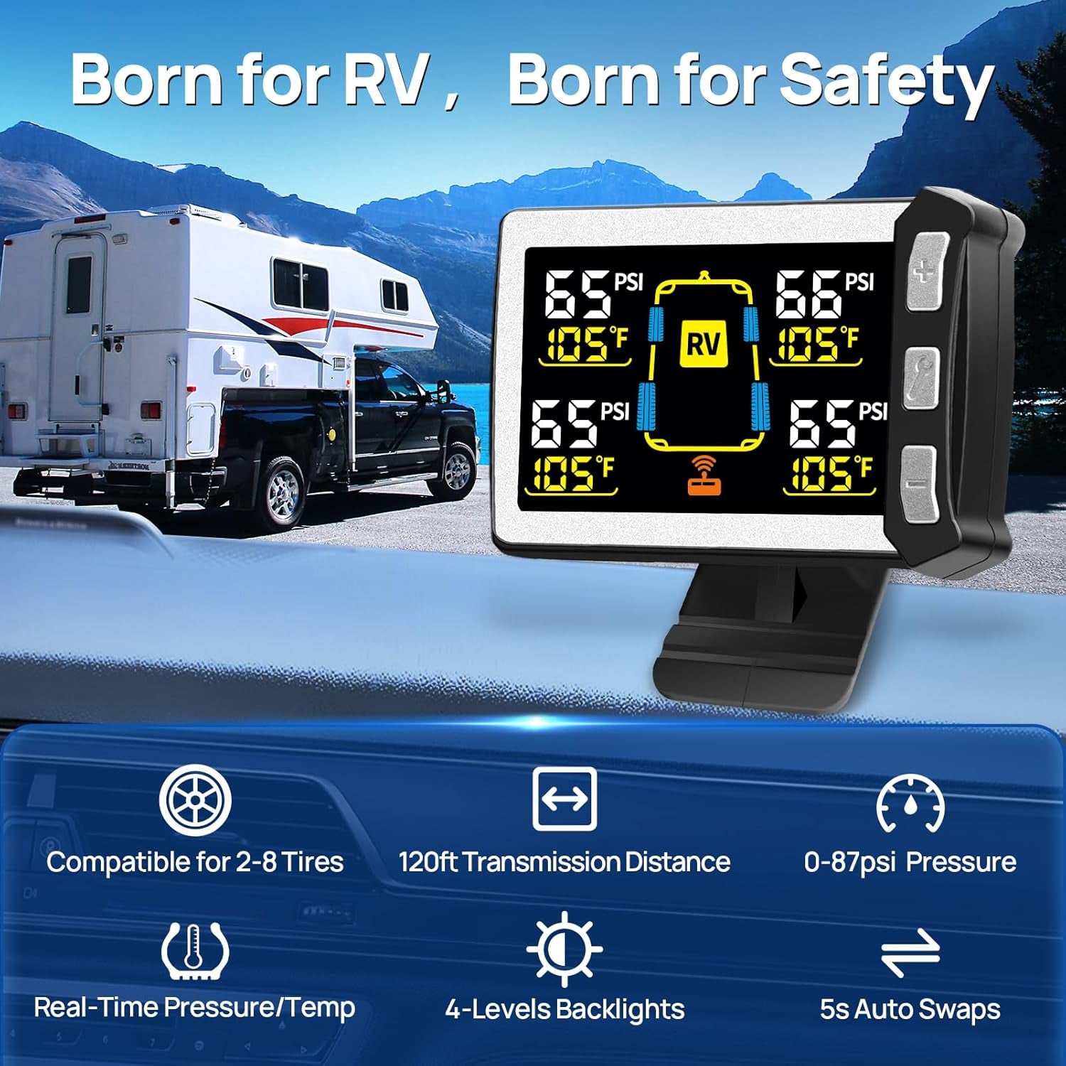 Rv/Trailer Tire Pressure Monitoring System, Tire Pressure Monitor with Color LCD Display, TPMS with 4 Sensors for Travel Trailer/5Th Wheel/Camper, 0-87PSI with 120Ft Transmission Distance