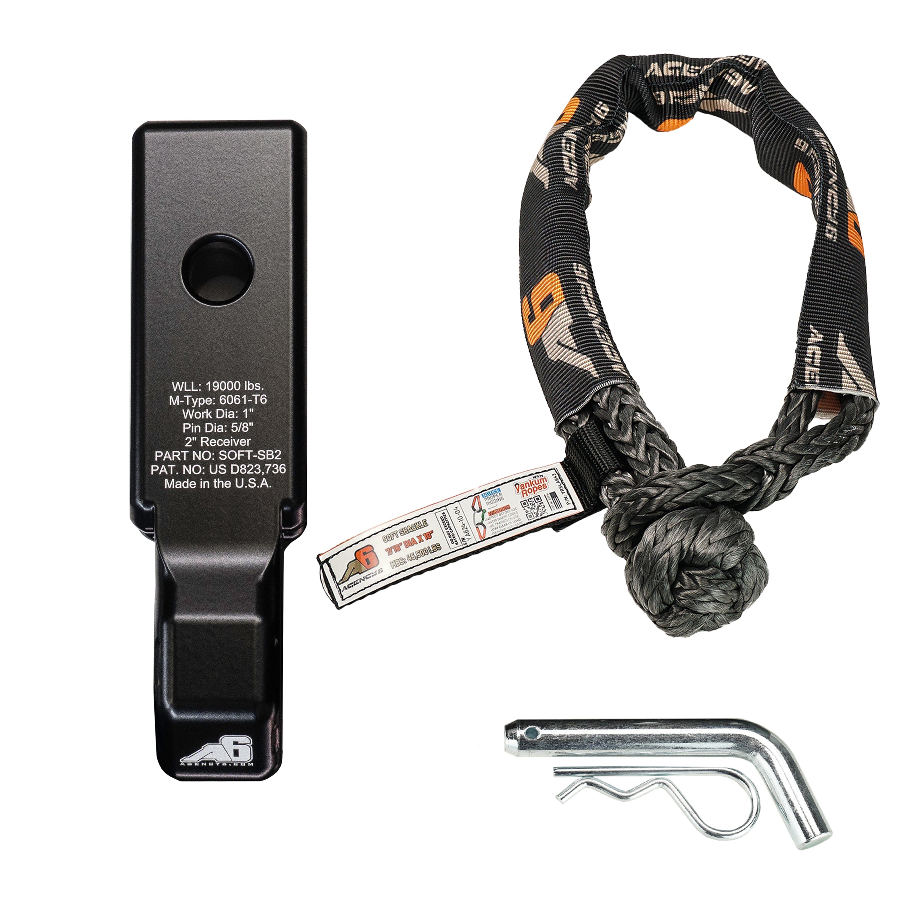 Agency 6 Soft Shackle Recovery Block with Soft Shackle & Hitch Pin – 2" Receiver