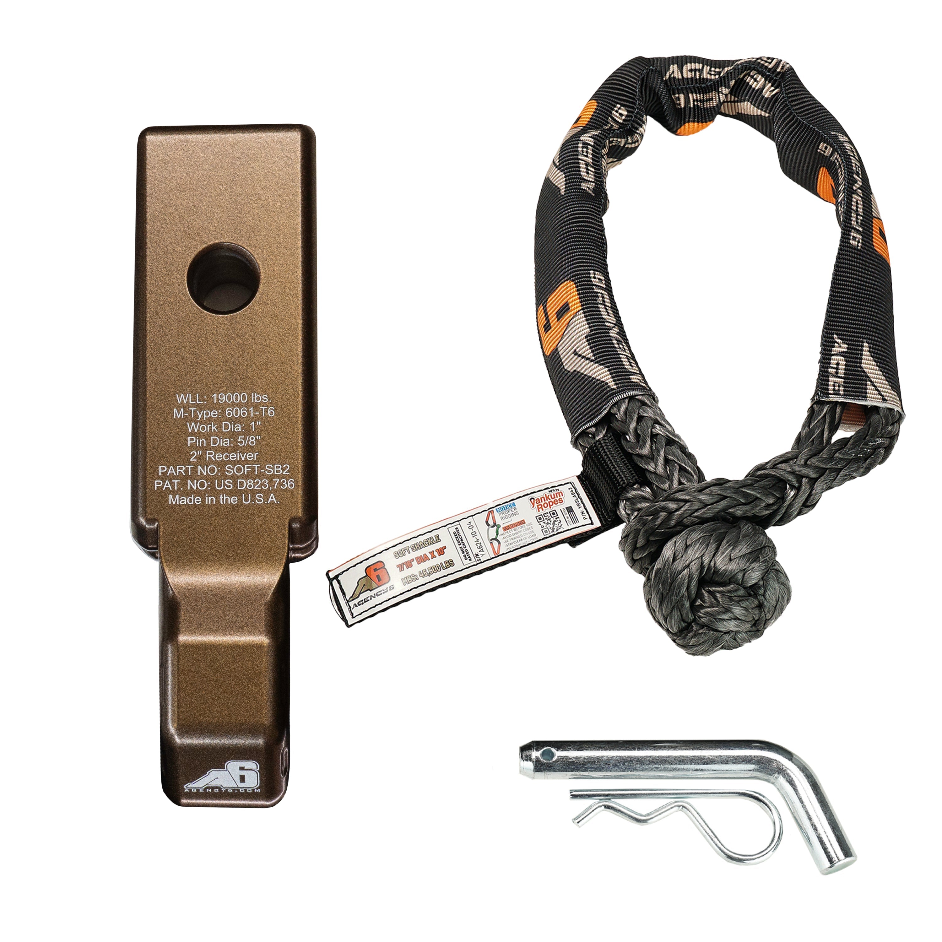 Agency 6 Soft Shackle Recovery Block with Soft Shackle & Hitch Pin – 2" Receiver