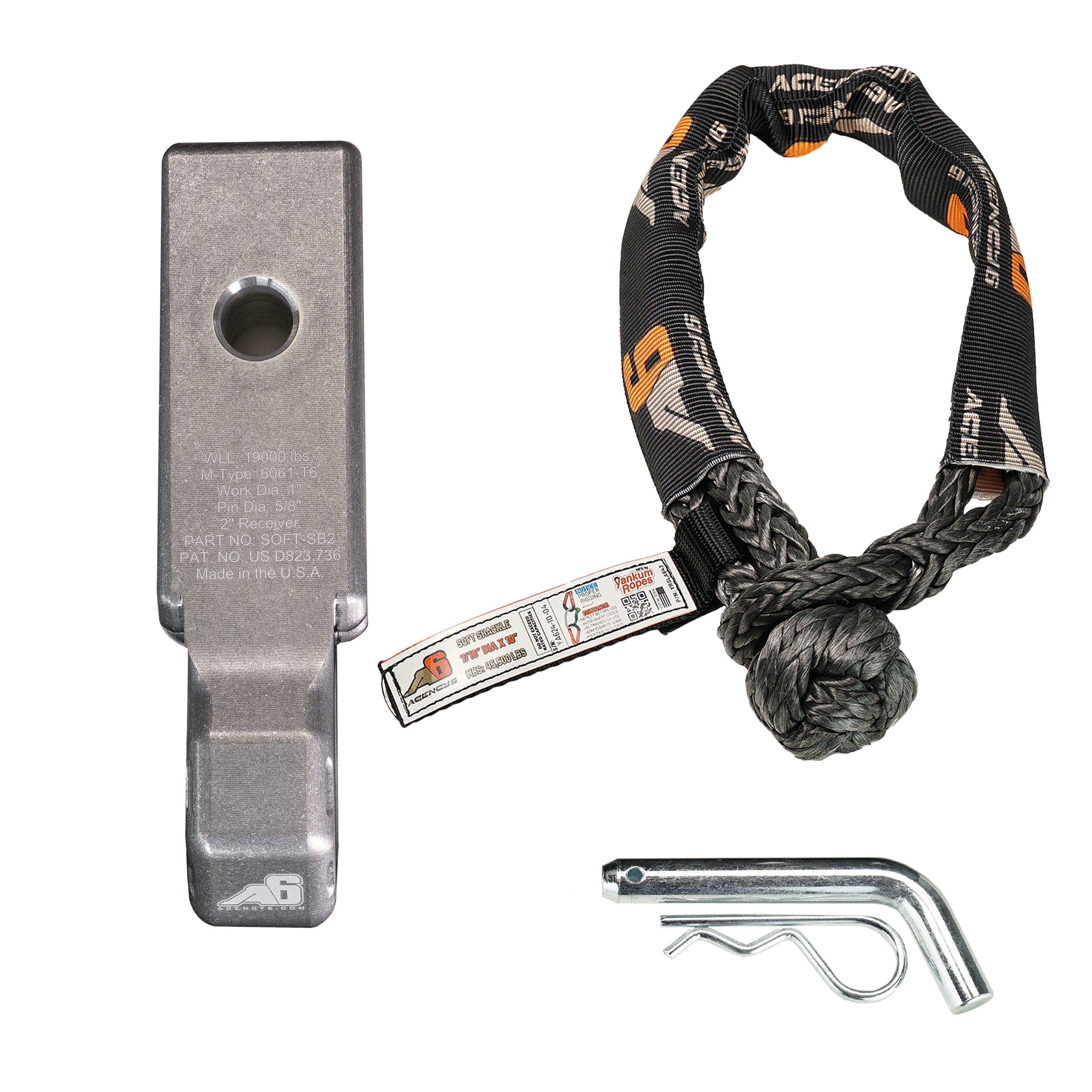 Agency 6 Soft Shackle Recovery Block with Soft Shackle & Hitch Pin – 2" Receiver
