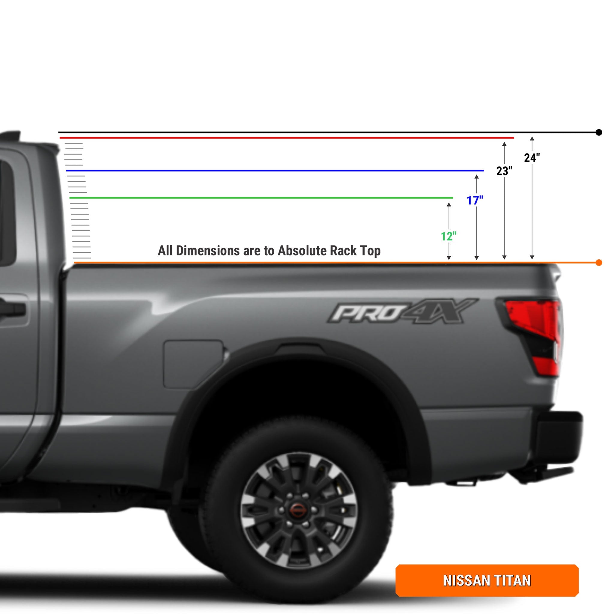 Gray Nissan Titan with measurement details on a white background